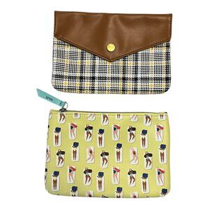 Lot of 2 IPSY Makeup Bags - Yellow Sunbathers & Plaid Envelope Style